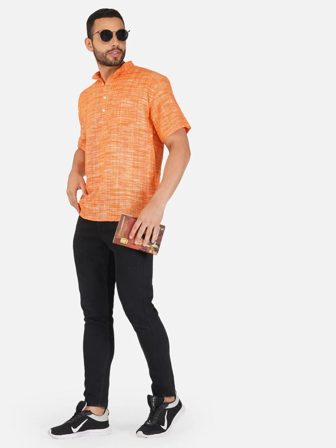 Pure Khadi Short Kurta in Orange Color