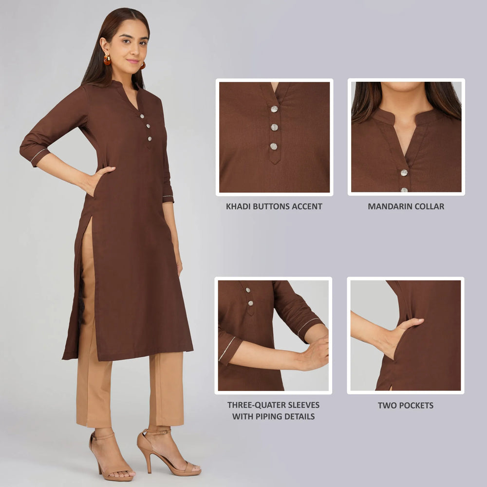 Women's Long Khadi Kurti Coffee Brown