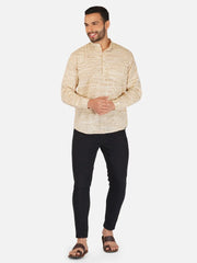 Pure Khadi Short Kurta in Self Pattern Wheat Color