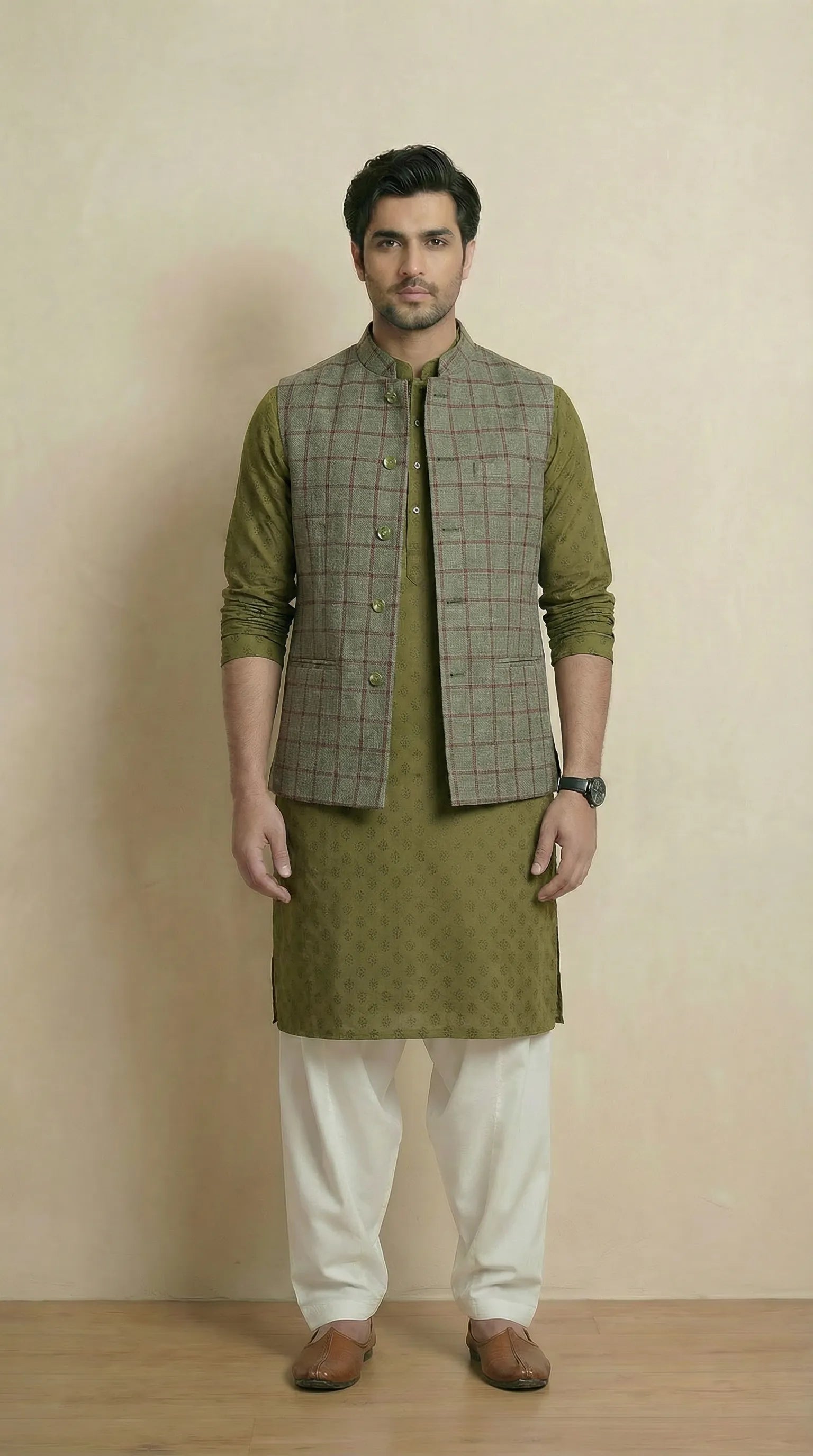 Olive Green Signature Nehru Fit Jacket | 100% Woolen