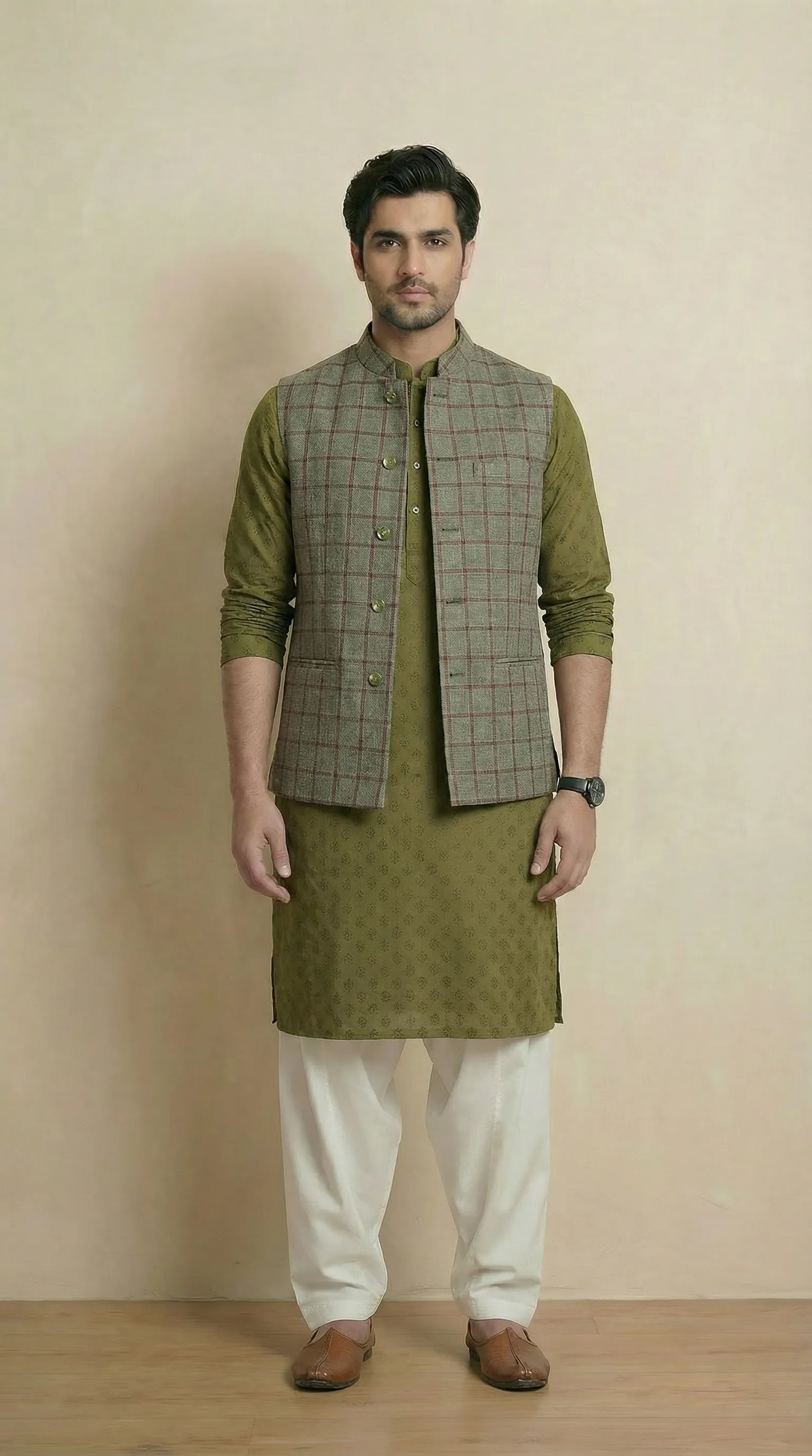 Olive Green Signature Nehru Fit Jacket | 100% Woolen
