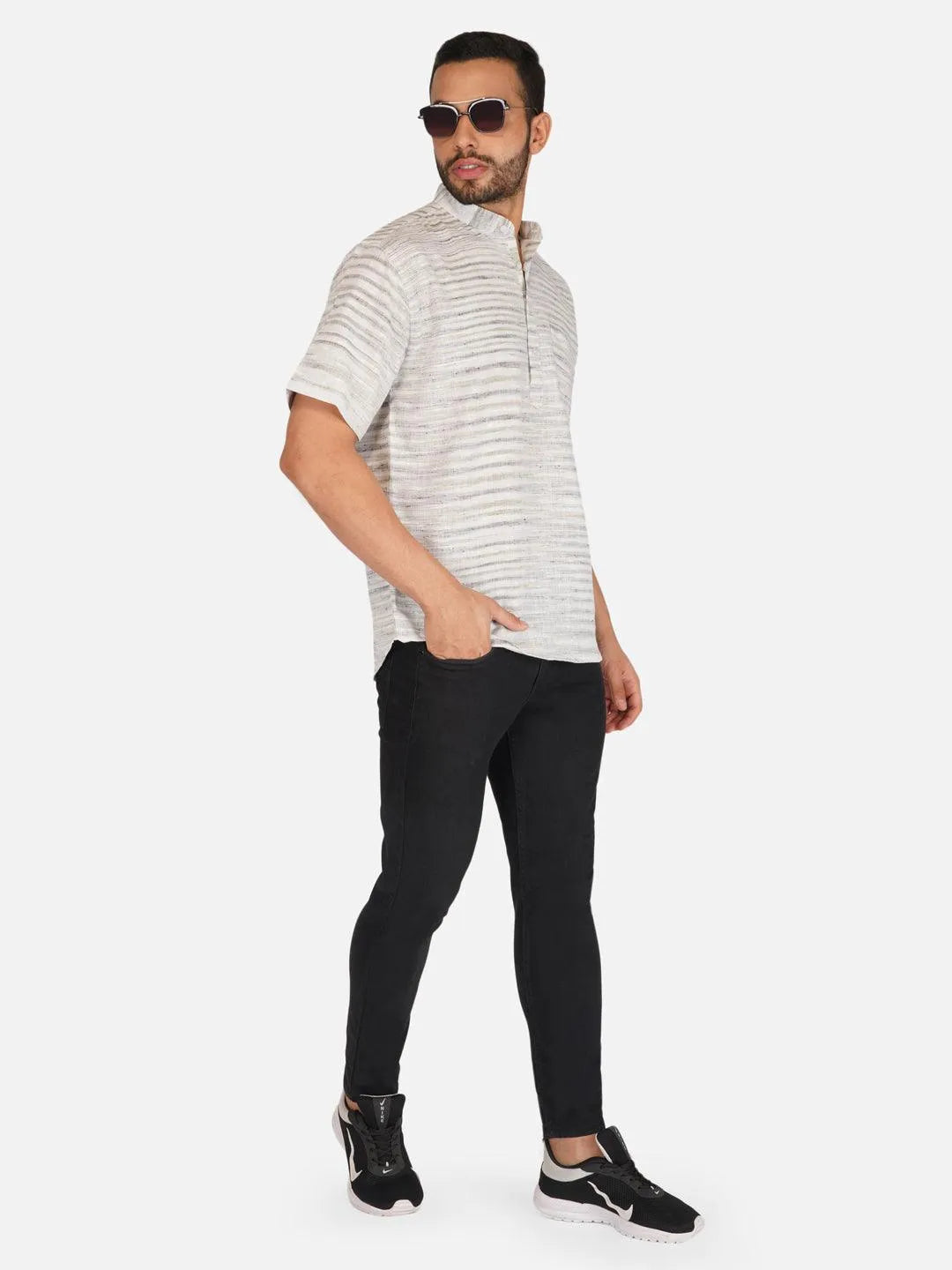 Pure Khadi Short Kurta in Self Pattern Green Color