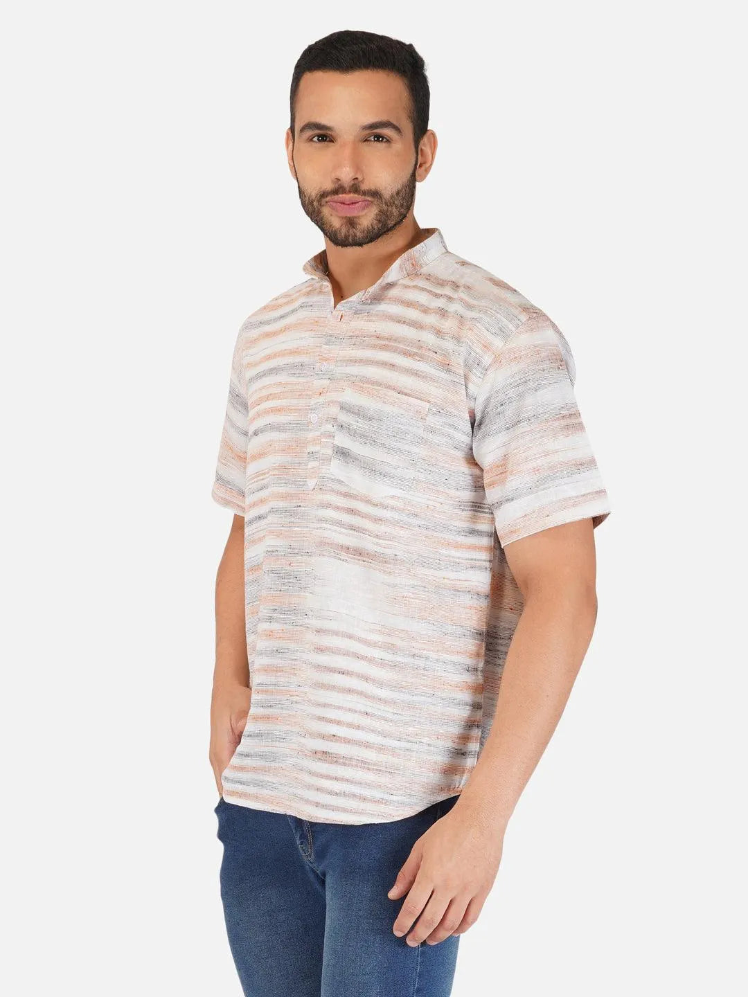 Pure Khadi Short Kurta in Self Pattern Brown Color