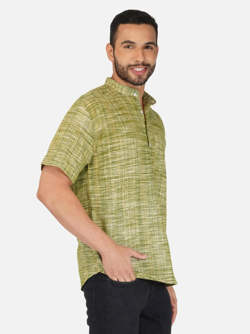 Pure Khadi Short Kurta in Green Color