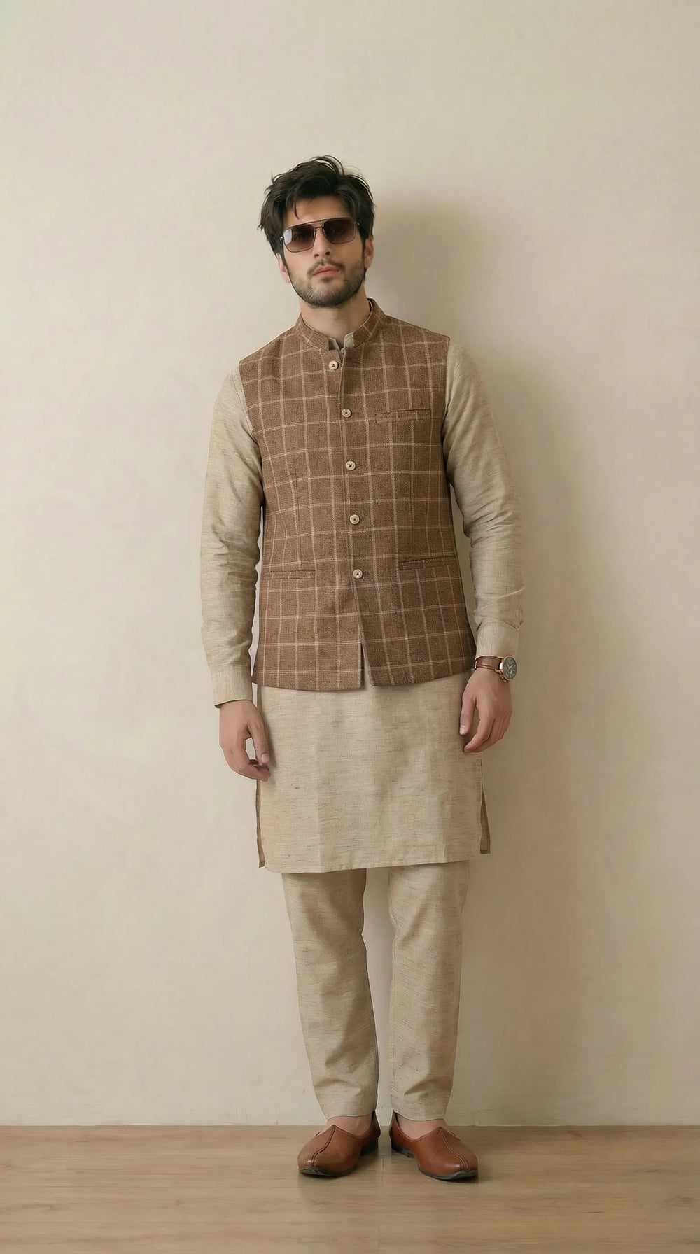 Reversible Biscuit Brown Nehru Fit Jacket | 100% Woolen