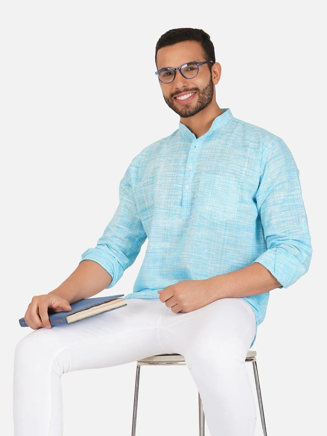 Pure Khadi Short Kurta in Sky Blue Color