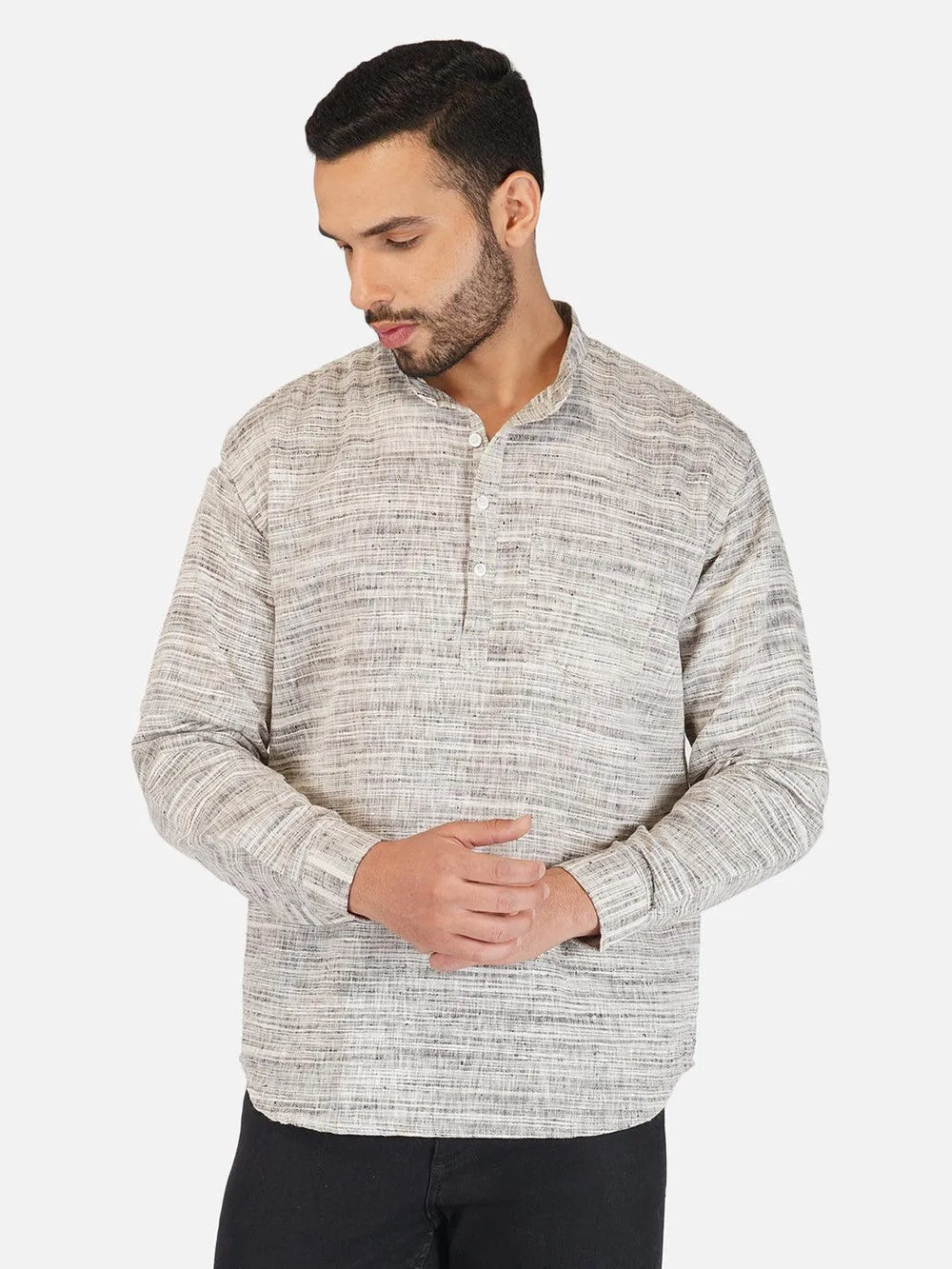 Pure Khadi Short Kurta in Self Pattern Grey Color