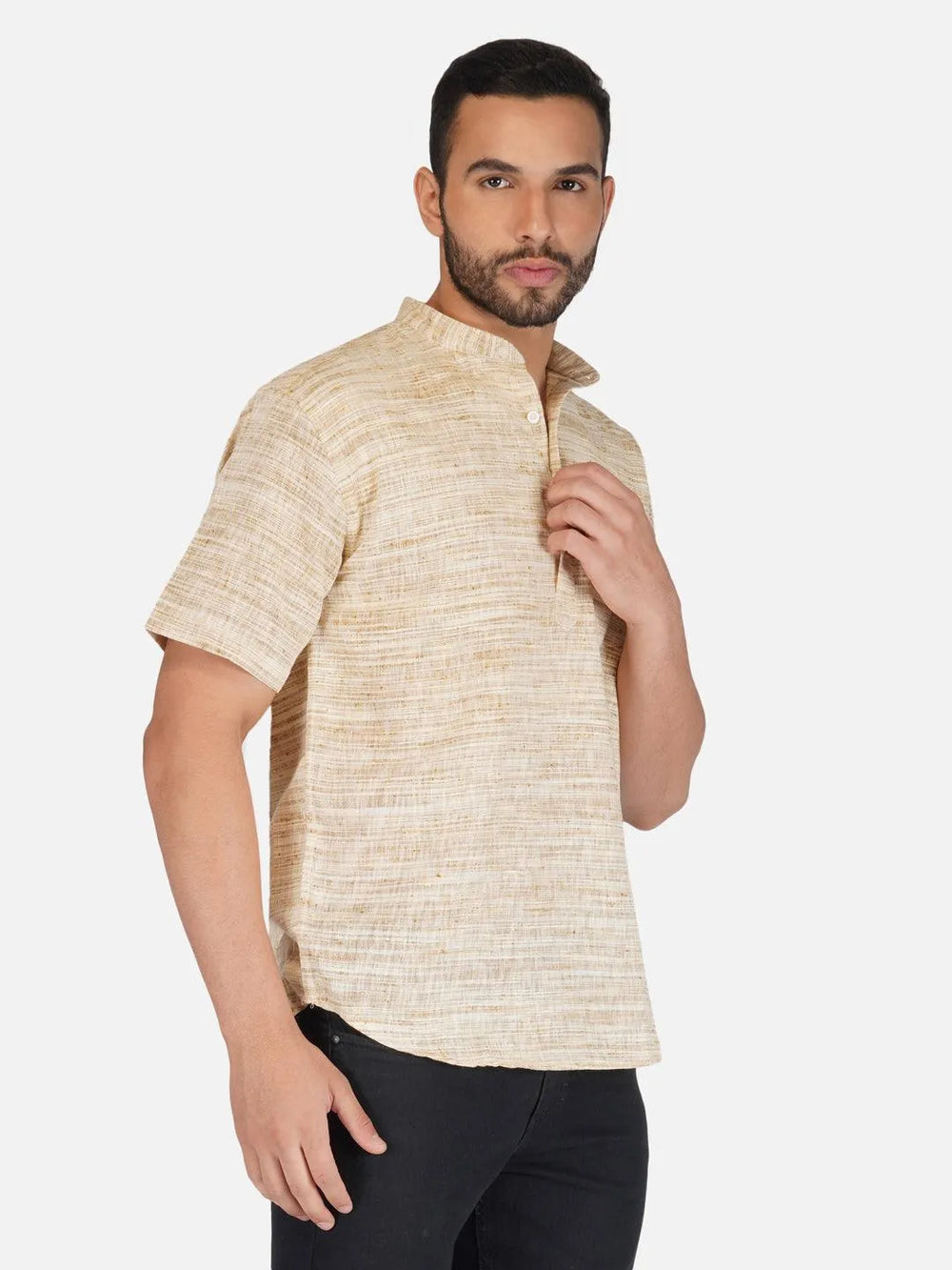 Pure Khadi Short Kurta in Self Pattern Wheat Color