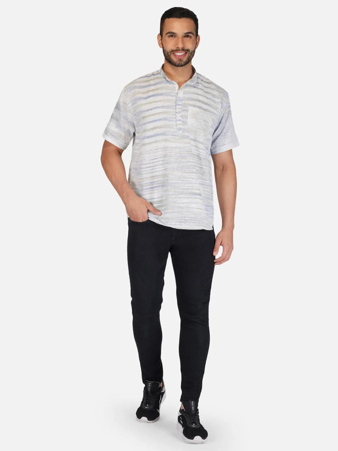 Pure Khadi Short Kurta in Self Pattern Blue Color