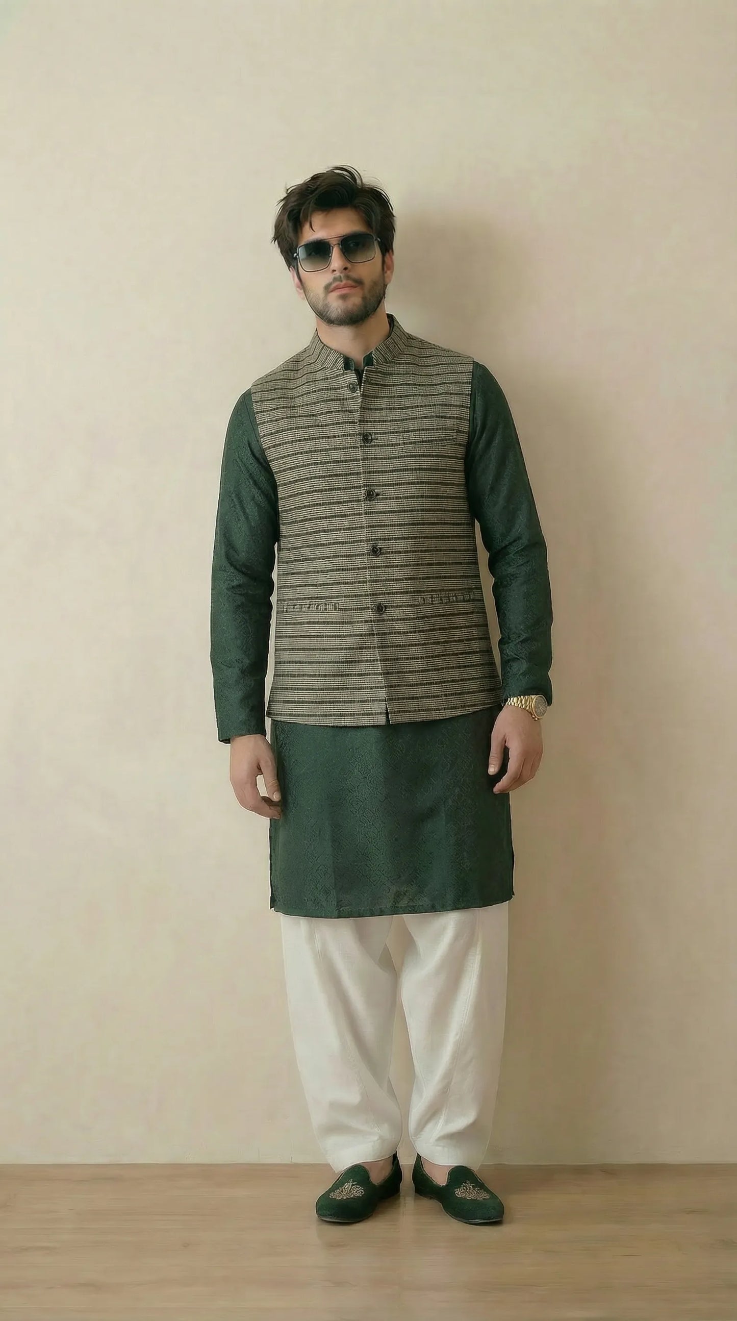 Greyish Green Signature Nehru Fit Jacket | 100% Woolen