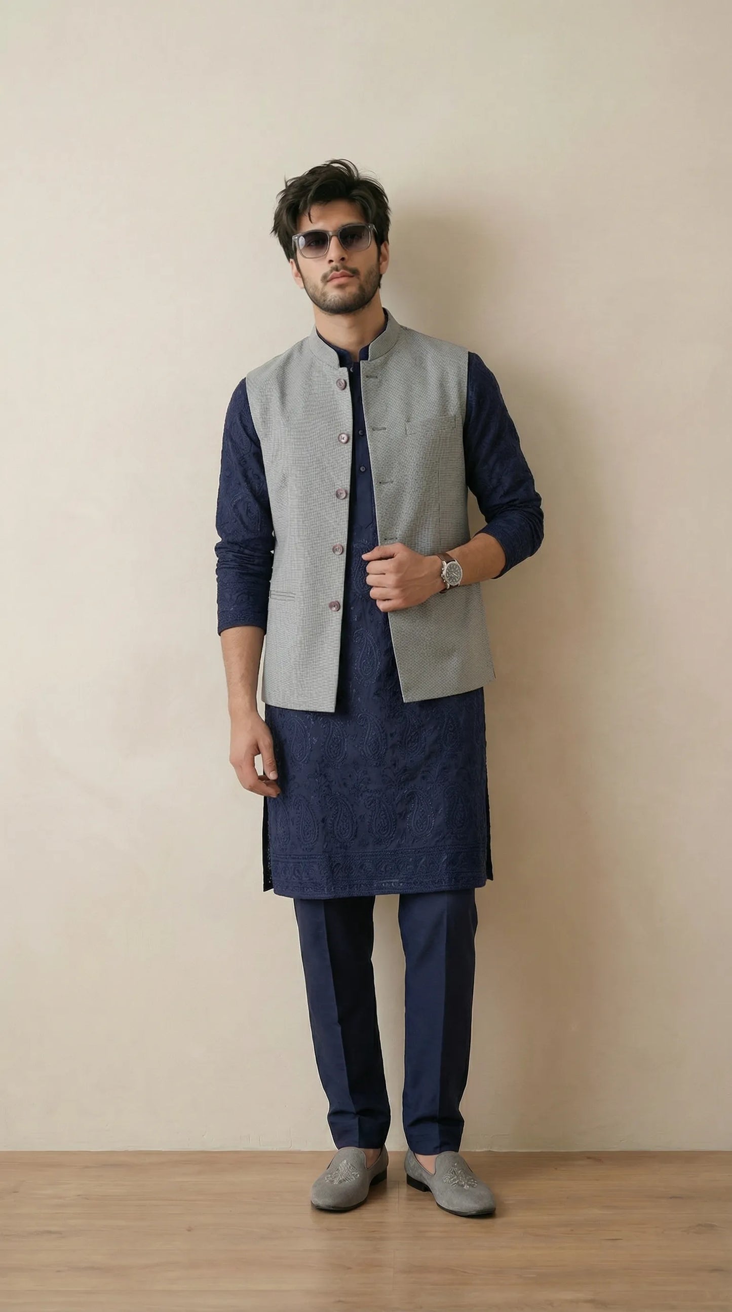 Classic Grey Signature Nehru Fit Jacket | 100% Woolen