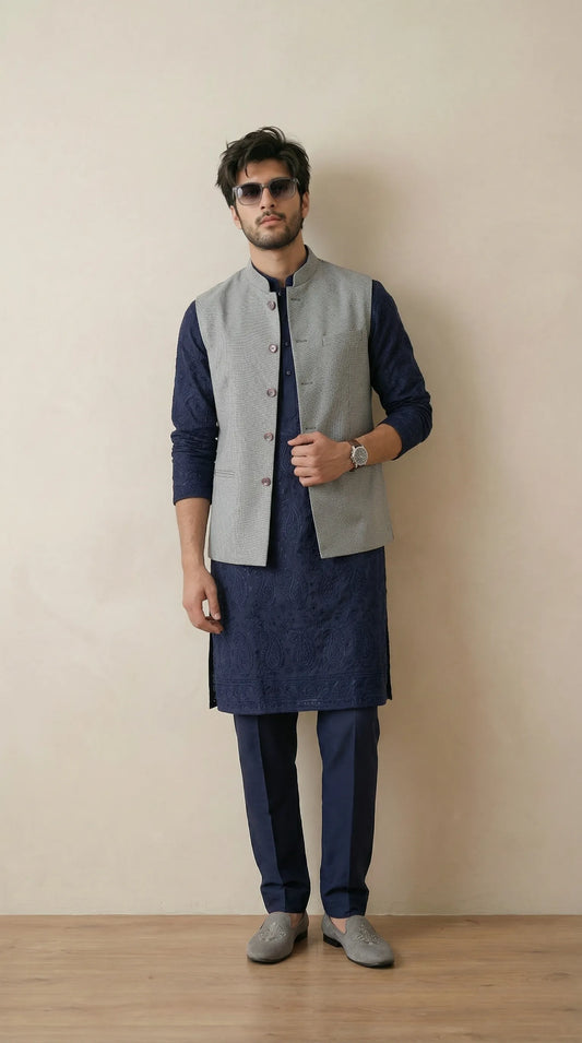 Classic Grey Signature Nehru Fit Jacket | 100% Woolen