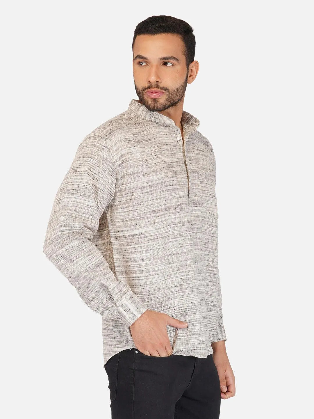 Pure Khadi Short Kurta in Self Pattern Grey Color