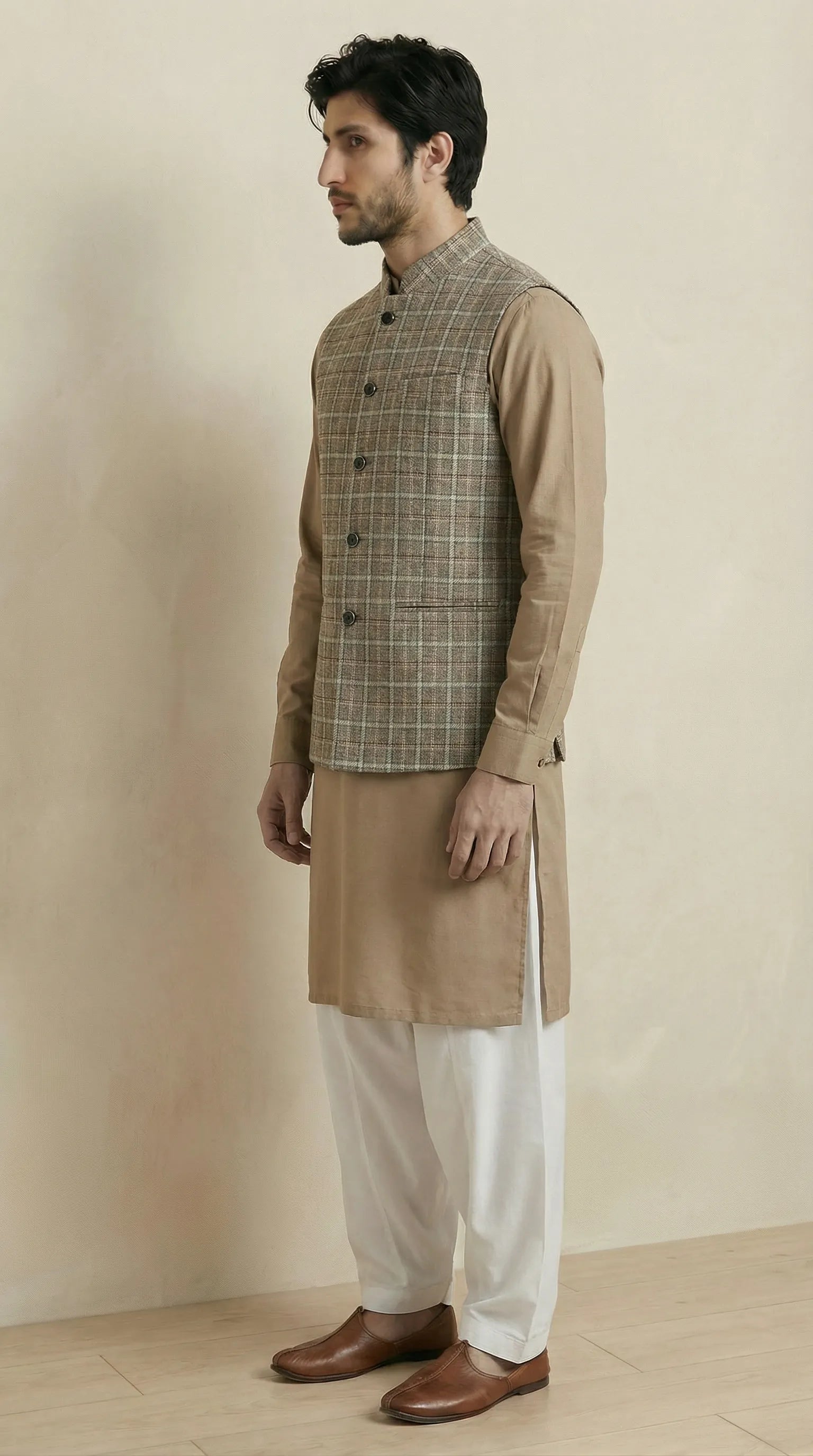 Natural Beige Signature Nehru Fit Jacket | 100% Woolen