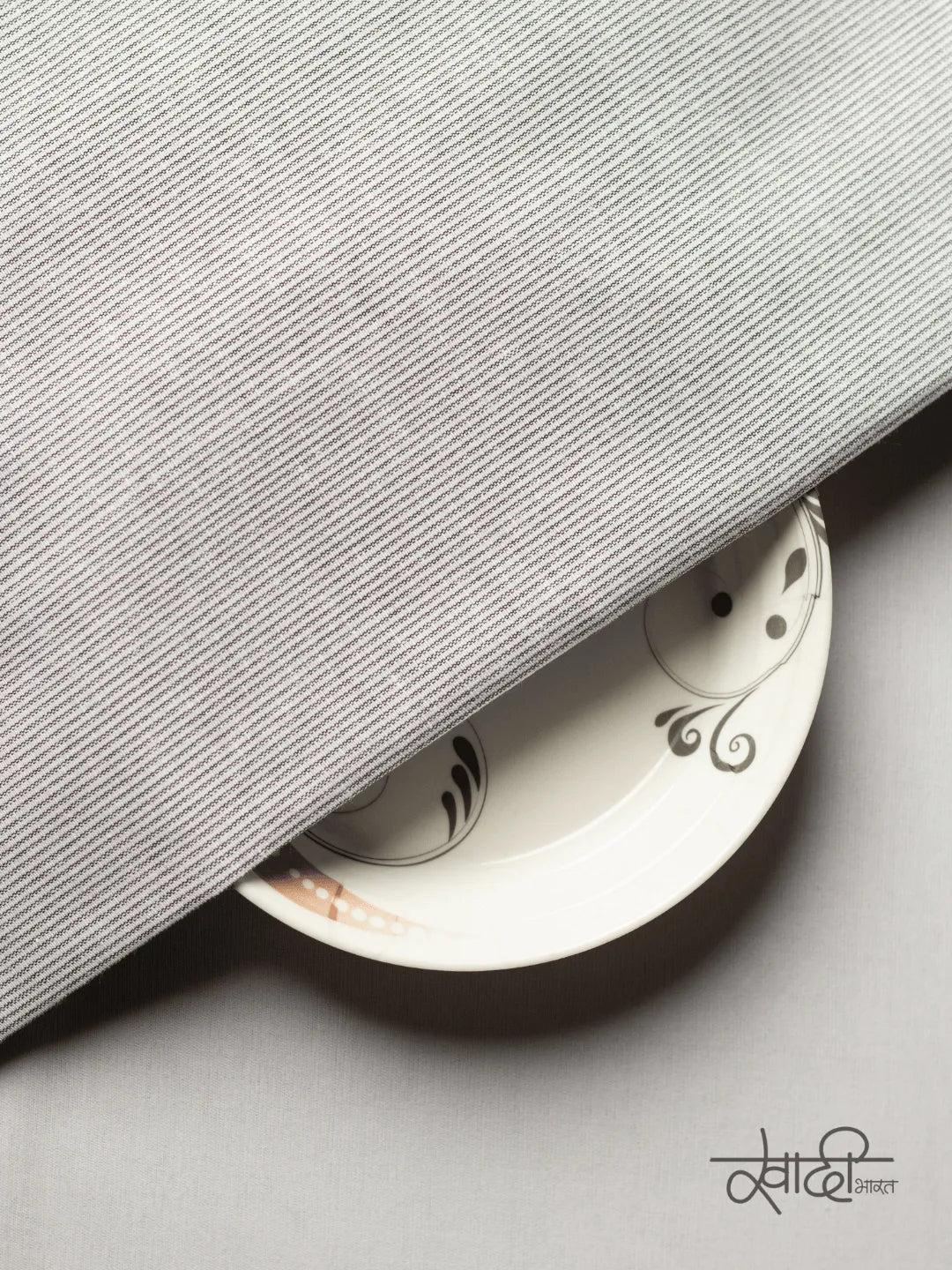 Small Plain Line White & Grey Traditional Khadi Fabric