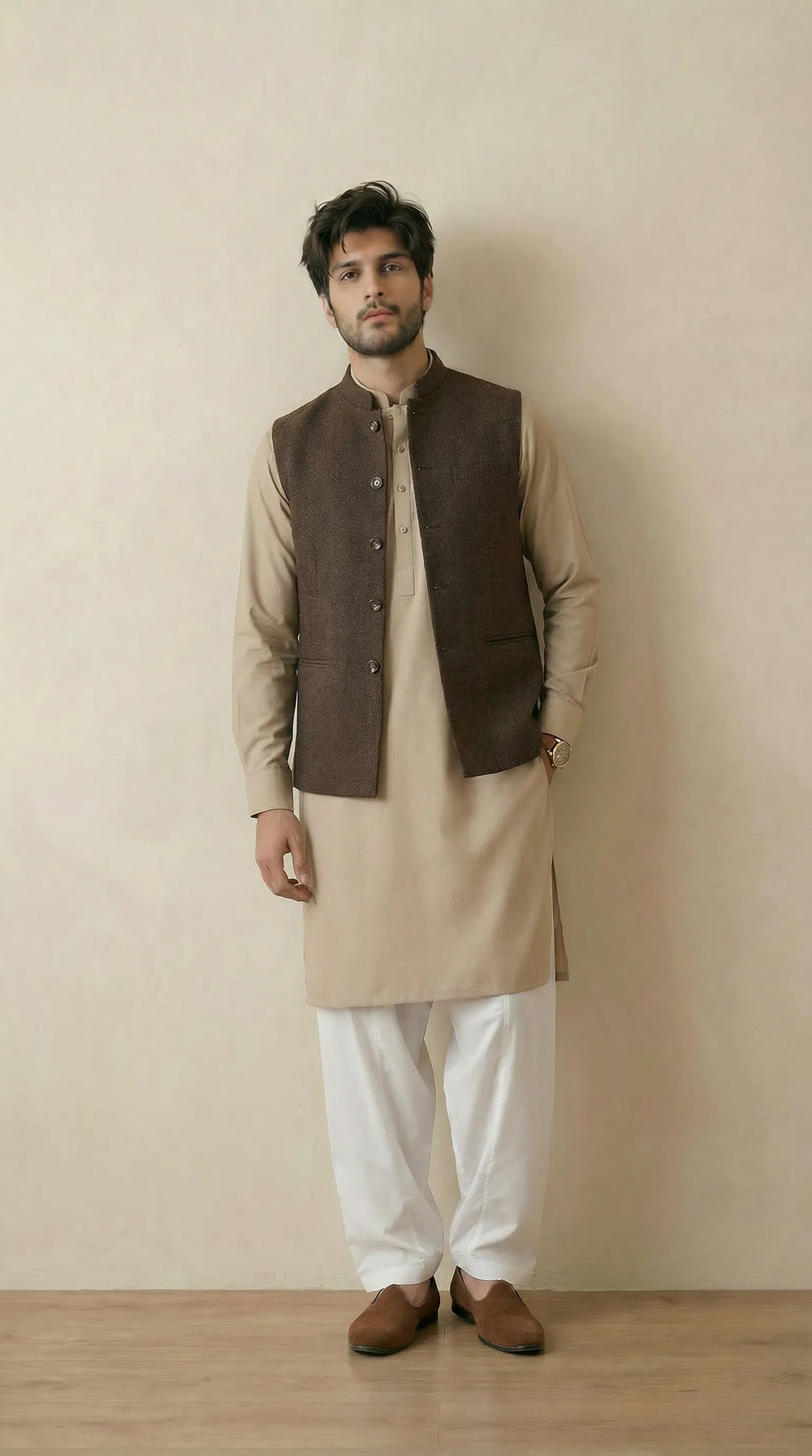 Brown Signature Nehru Fit Jacket | 100% Woolen
