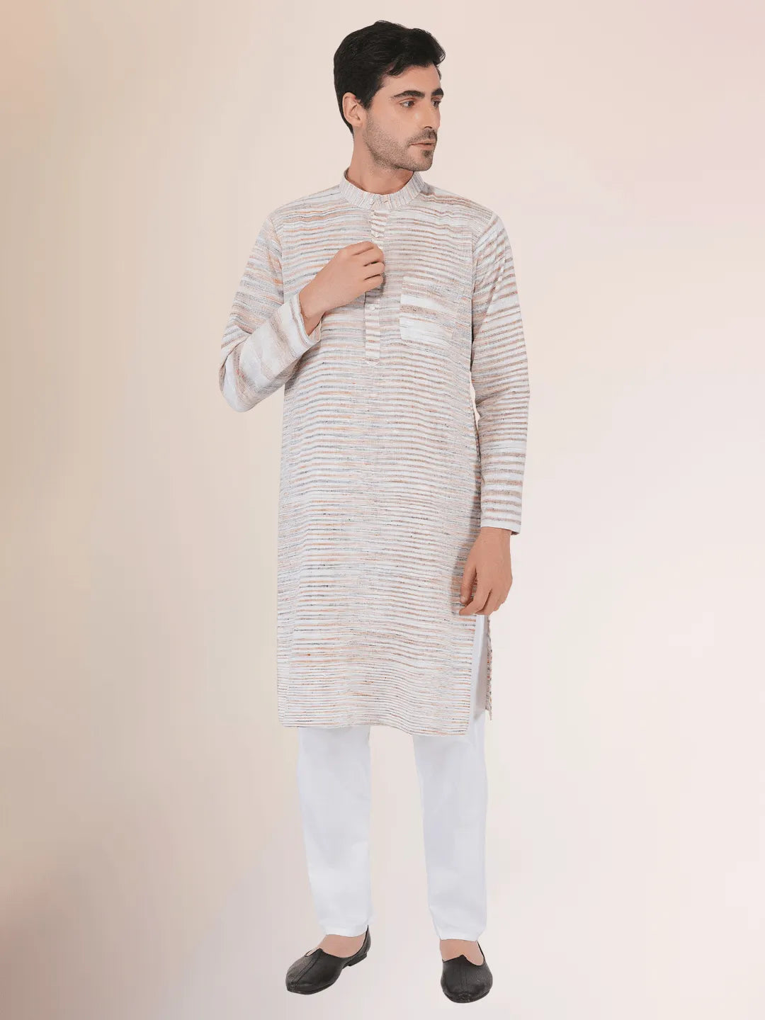Khadi Traditional Kurta Off-White Blended with Brown Colour