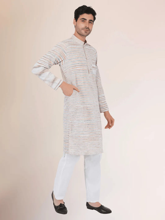 Khadi Traditional Kurta Off-White Blended with Brown Colour