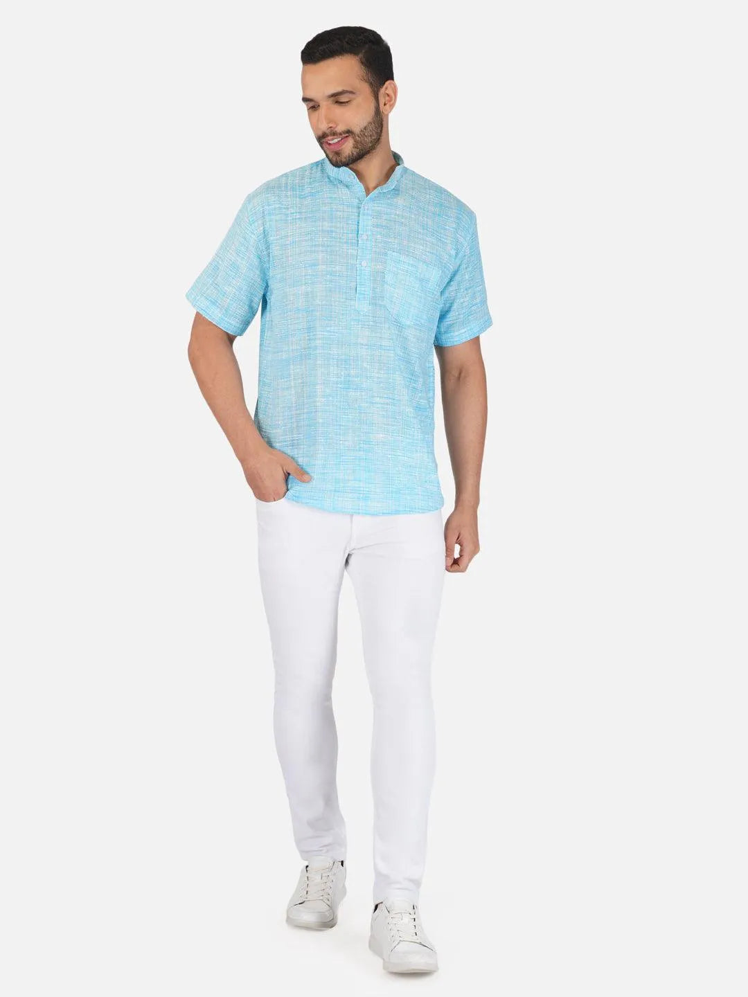 Pure Khadi Short Kurta in Sky Blue Color