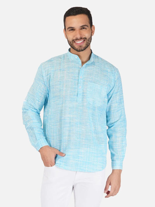 Pure Khadi Short Kurta in Sky Blue Color
