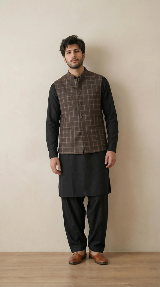Dark Brown Signature Nehru Fit Jacket | 100% Woolen
