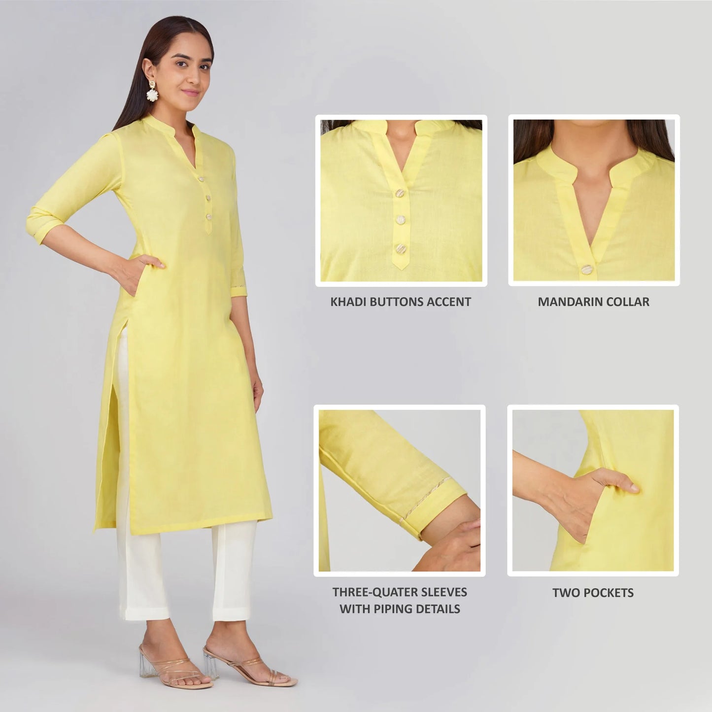 Women's Long Khadi Kurti Pastel Yellow