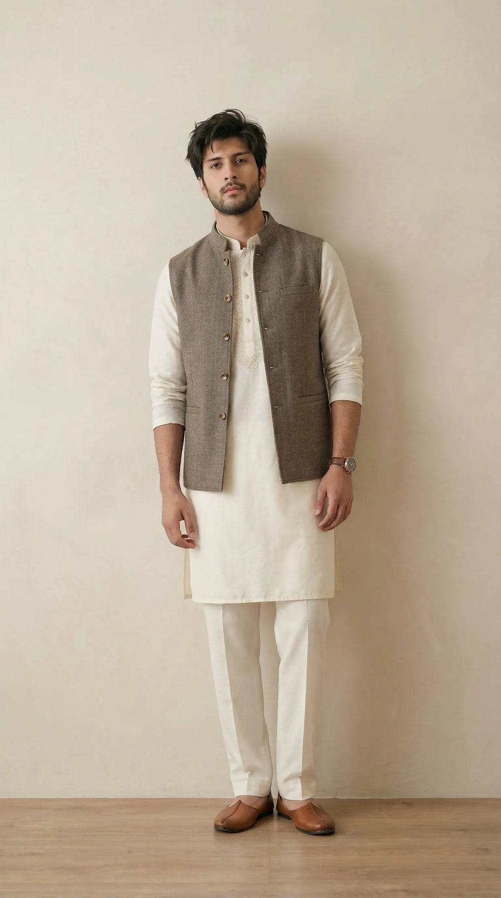 Reversible Wood Brown Nehru Fit Jacket | 100% Woolen