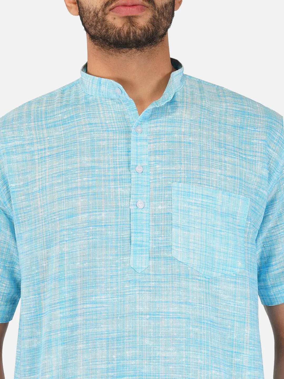 Pure Khadi Short Kurta in Sky Blue Color
