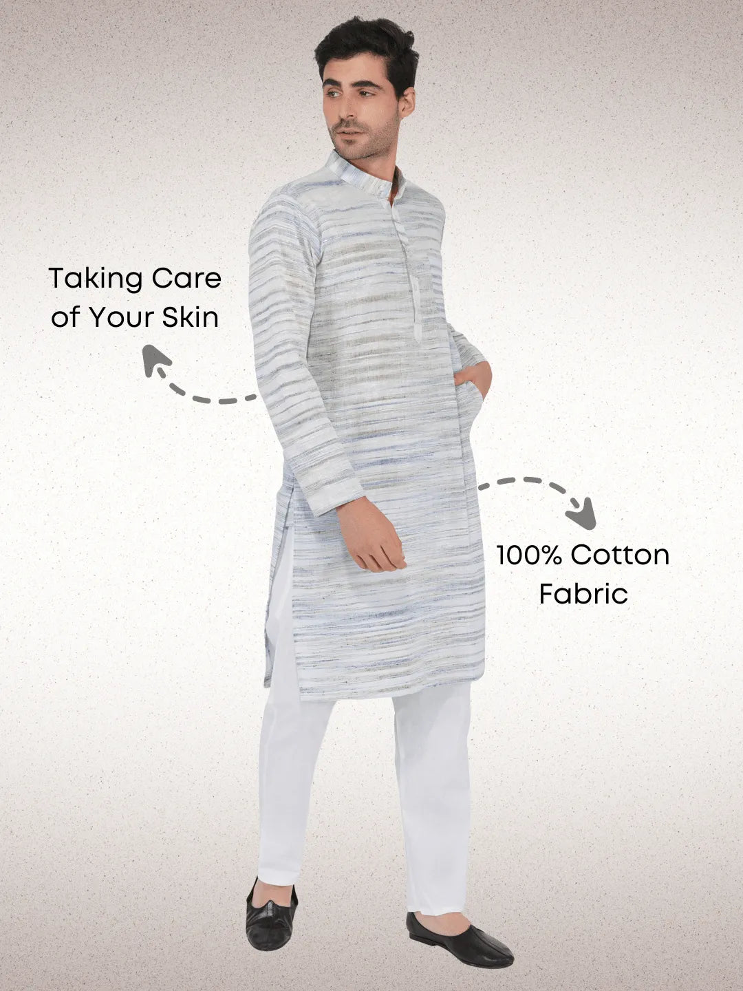 Traditional Khadi Kurta Off-White Blended with Blue Colour