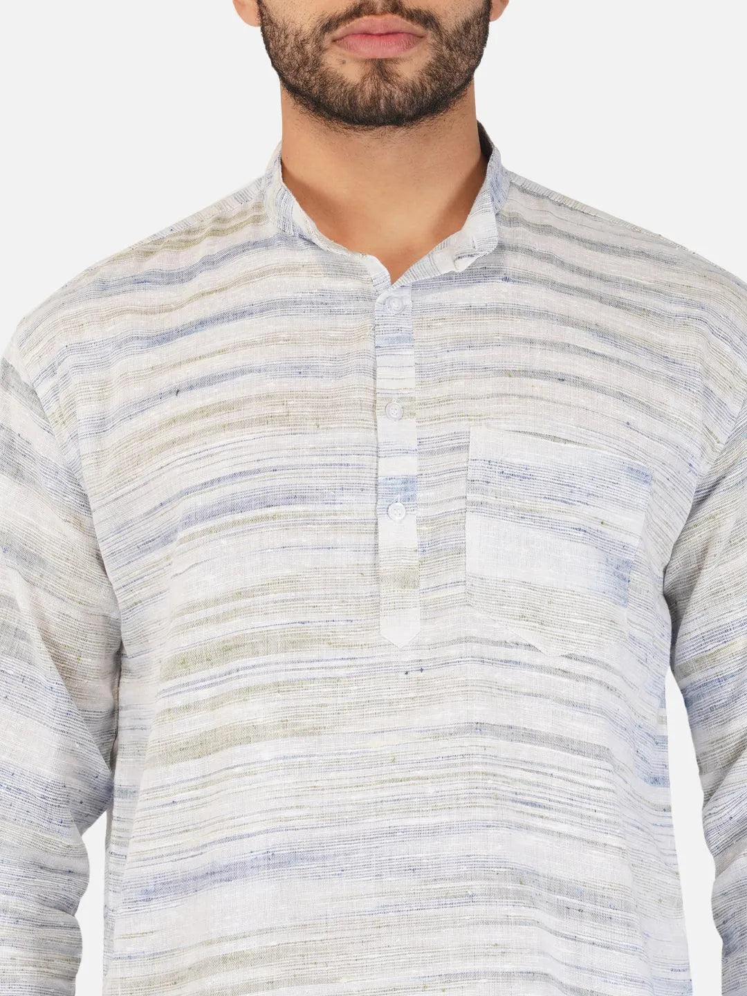 Pure Khadi Short Kurta in Self Pattern Blue Color