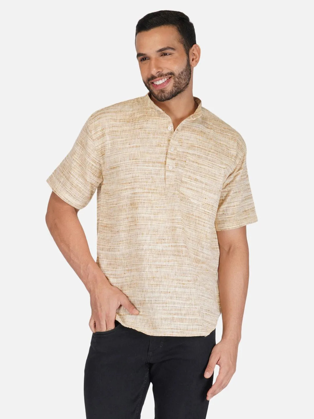 Pure Khadi Short Kurta in Self Pattern Wheat Color