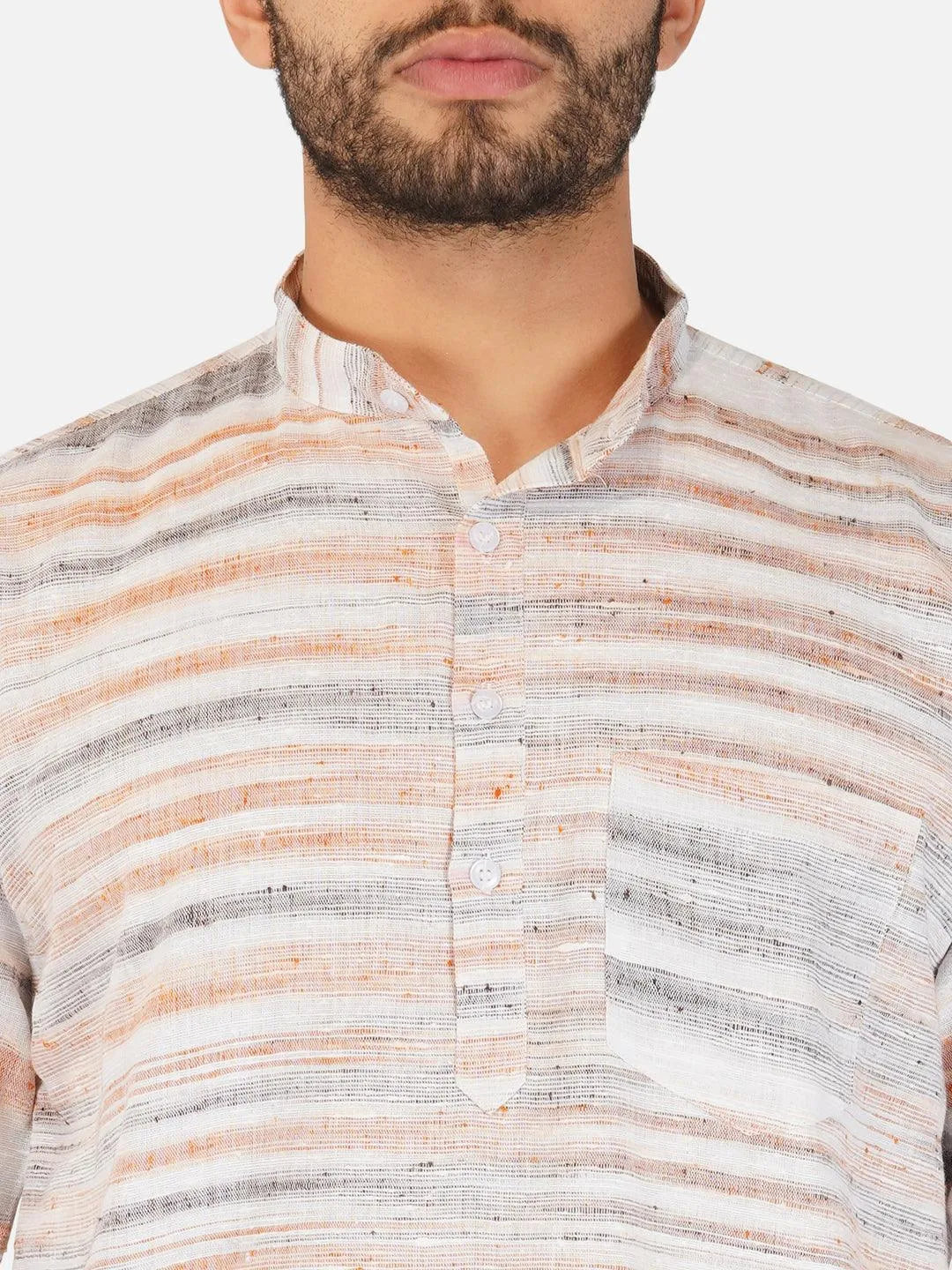 Pure Khadi Short Kurta in Self Pattern Brown Color