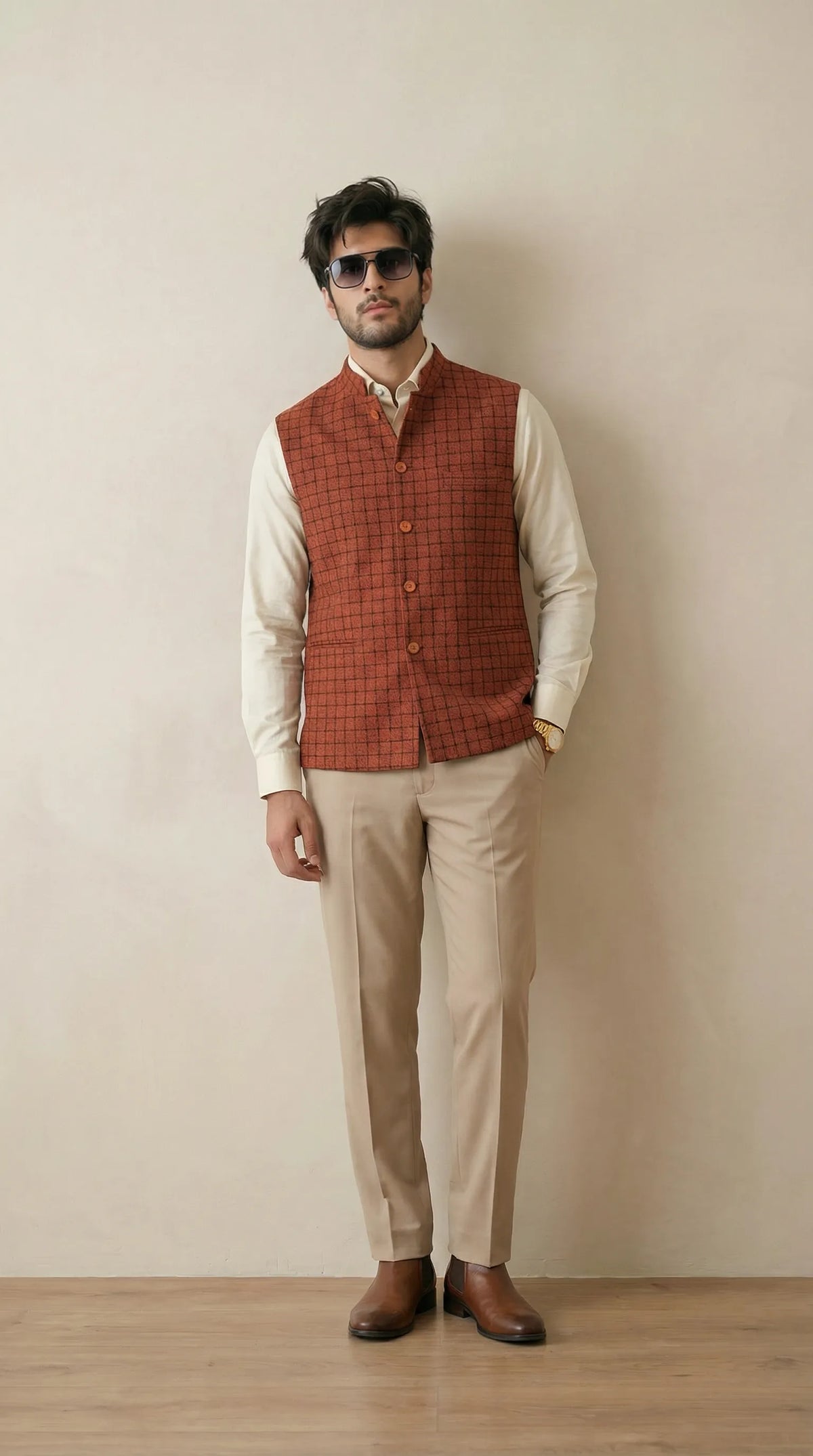 Rust Orange Signature Nehru Fit Jacket | 100% Woolen