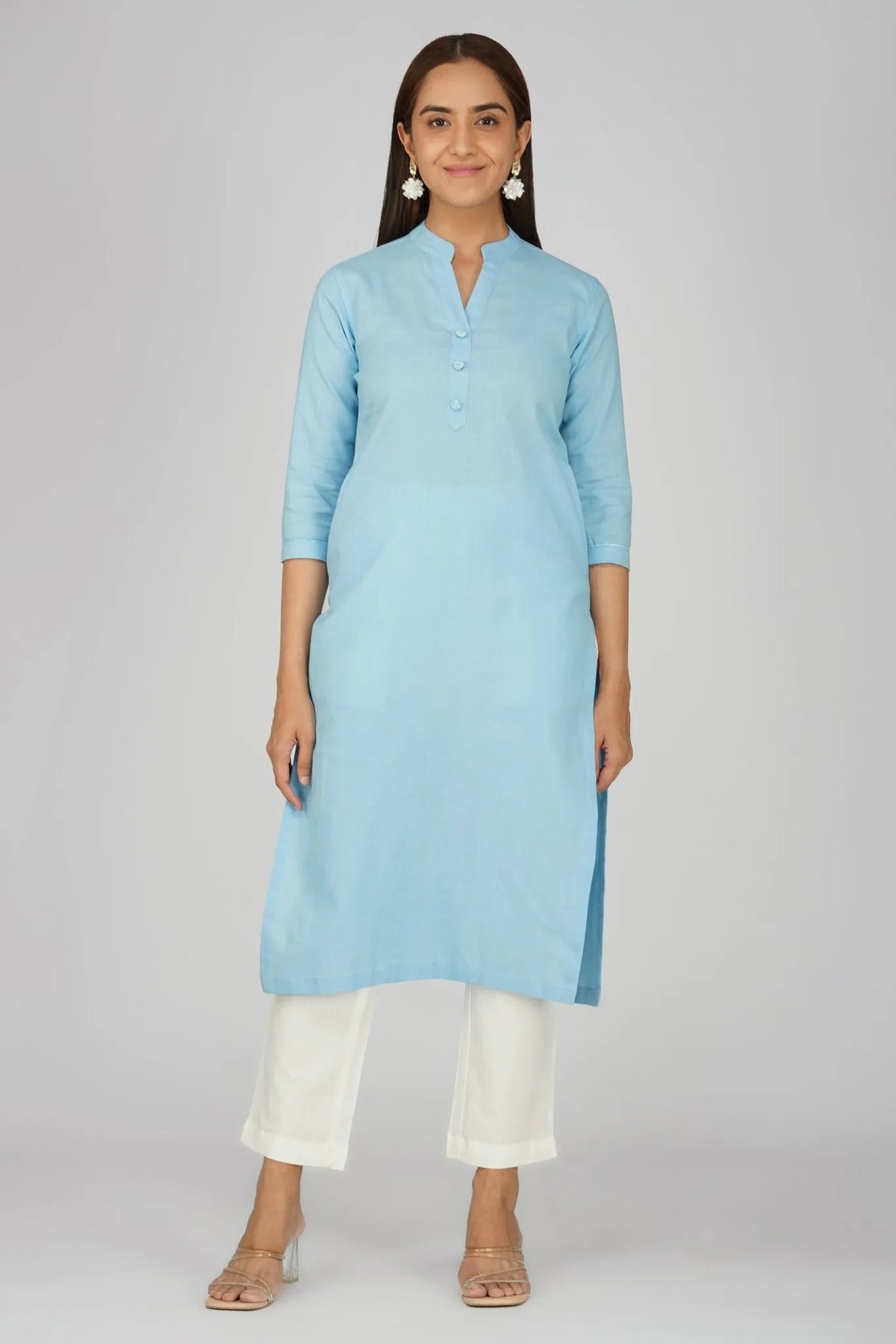 Women Khadi Long Kurti in Pastel Blue