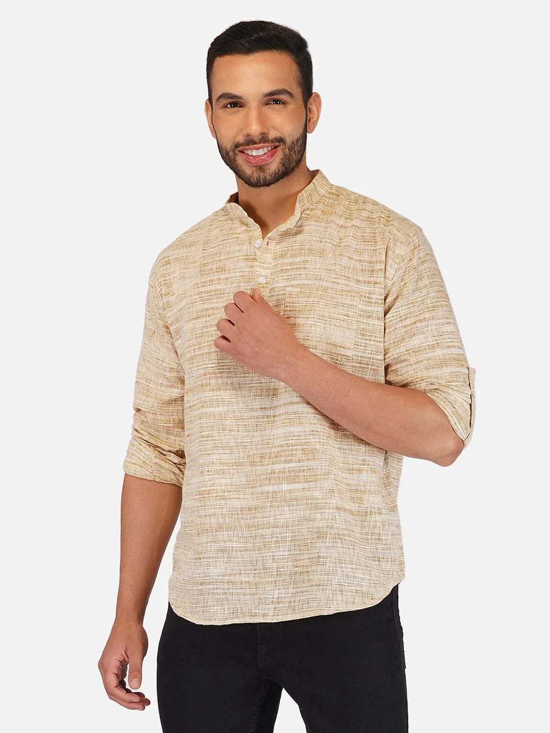 Pure Khadi Short Kurta in Self Pattern Wheat Color