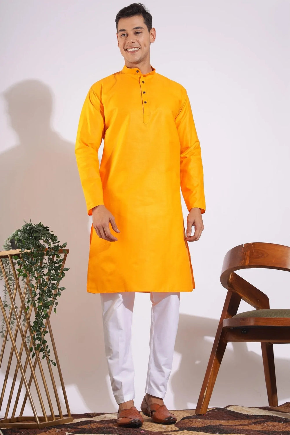 Traditional Yellowish Orange Plain Kurta