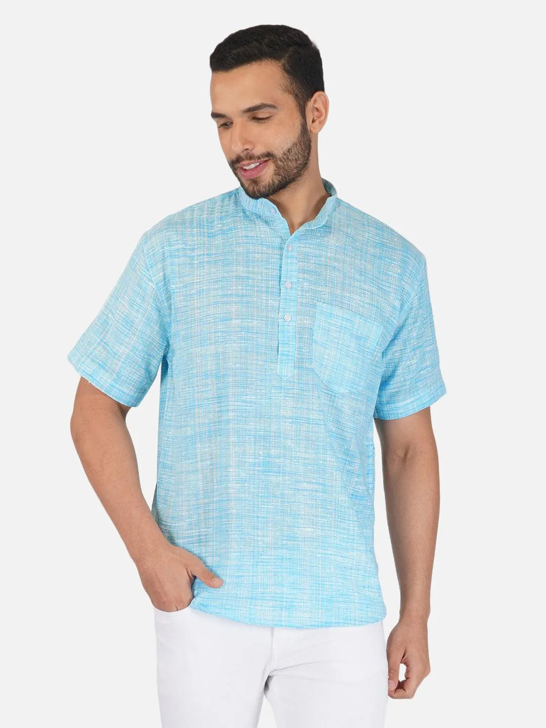 Pure Khadi Short Kurta in Sky Blue Color
