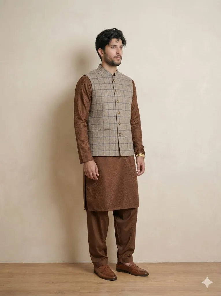 Dark Beige Signature Nehru Fit Jacket | 100% Woolen