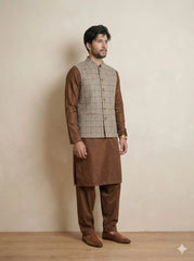 Dark Beige Signature Nehru Fit Jacket | 100% Woolen