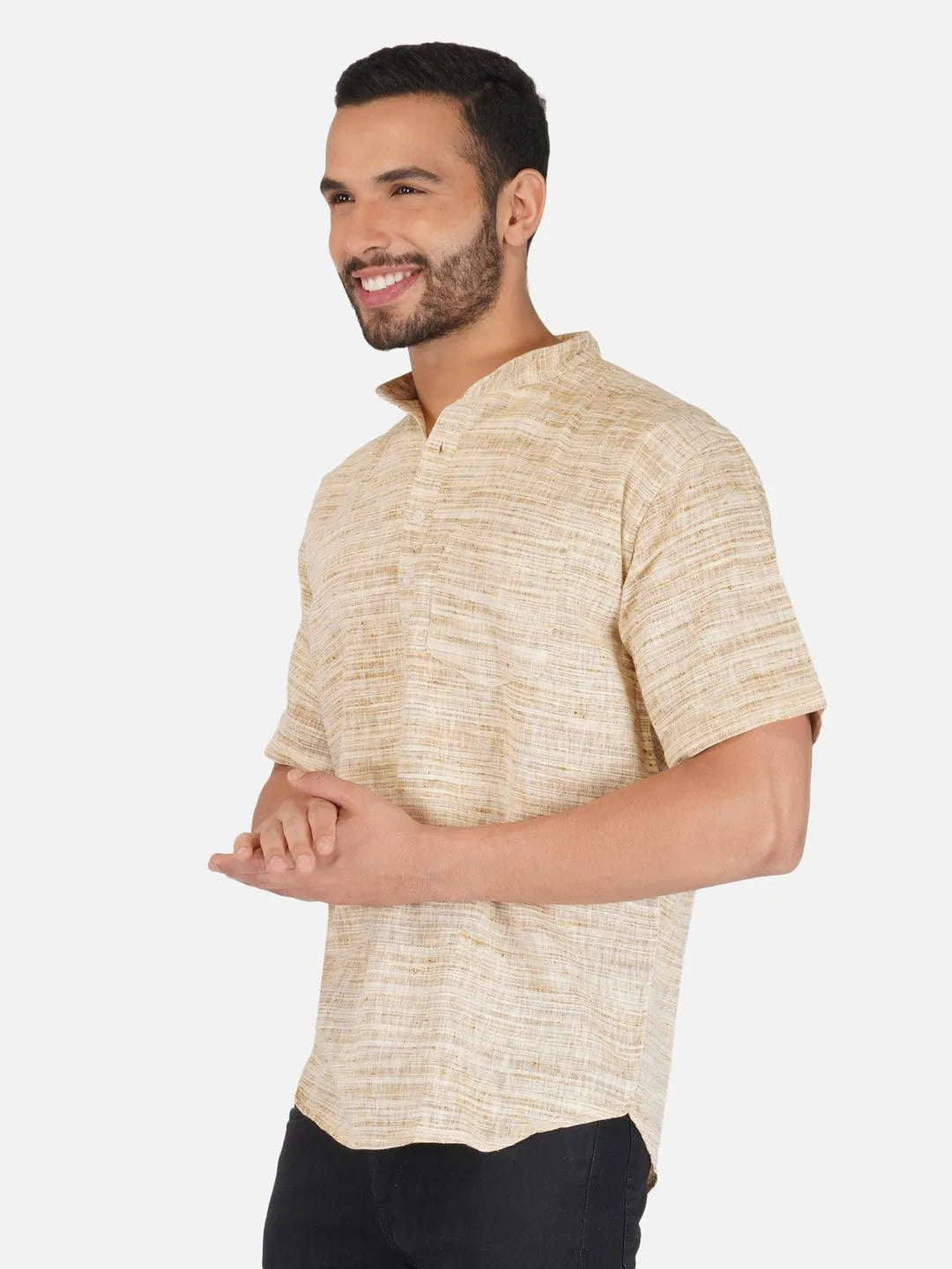 Pure Khadi Short Kurta in Self Pattern Wheat Color