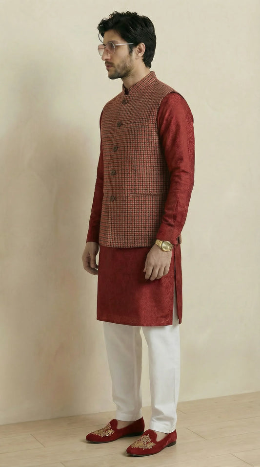 Reversible Brick Red Nehru Fit Jacket | 100% Woolen