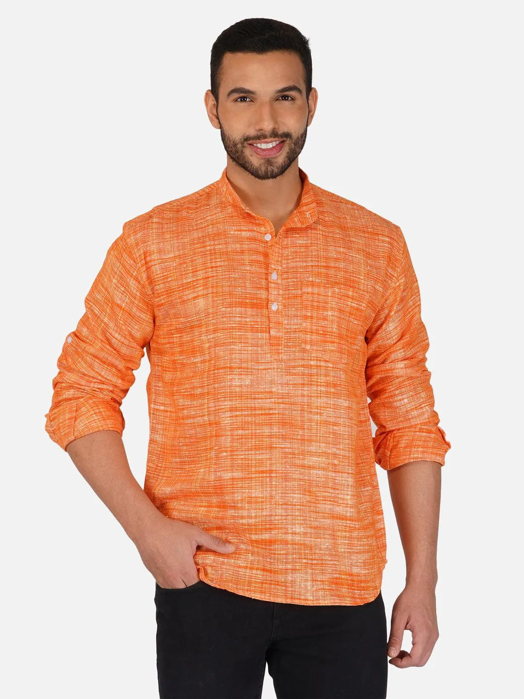 Pure Khadi Short Kurta in Orange Color