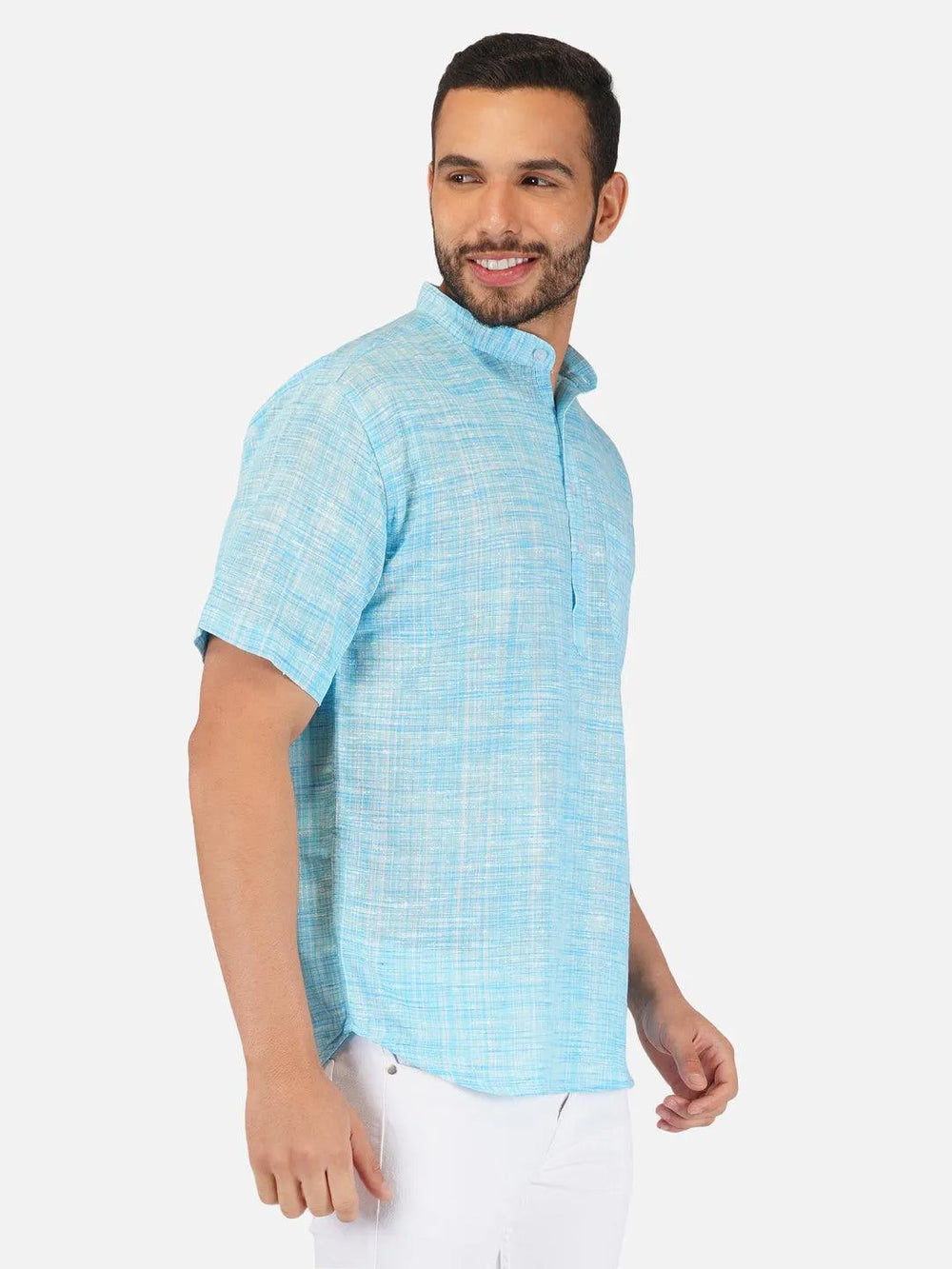 Pure Khadi Short Kurta in Sky Blue Color