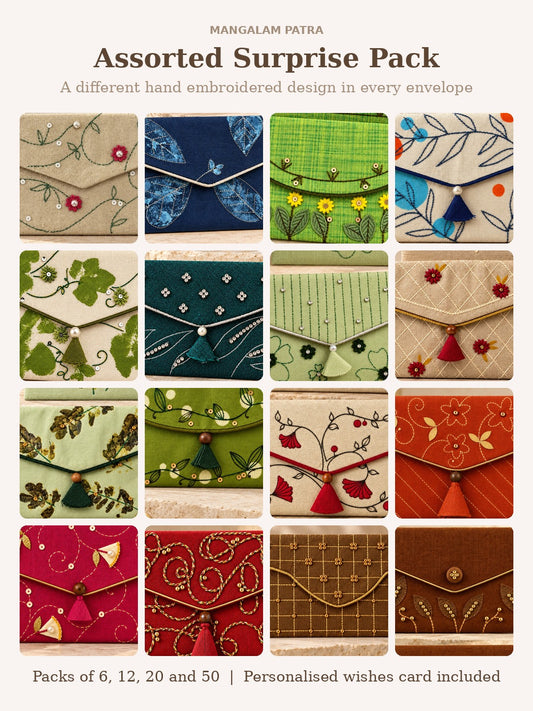 Mangalam Patra assorted surprise pack of hand embroidered Khadi shagun envelopes in different designs