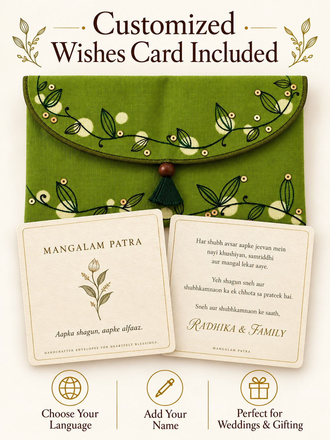 Customised wishes card included with Khadi shagun envelope