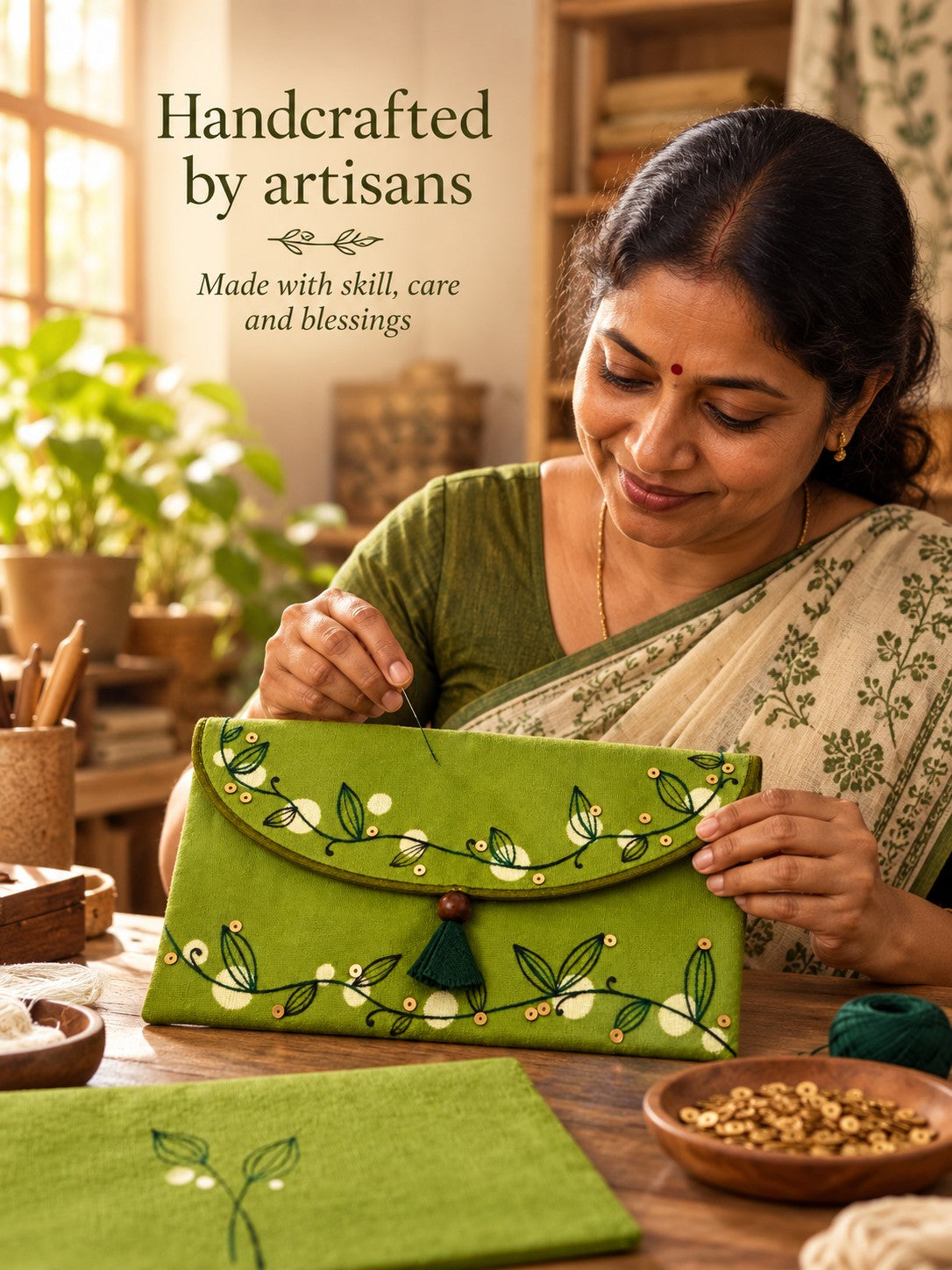 Artisan hand embroidering the Bel Buti Khadi shagun envelope