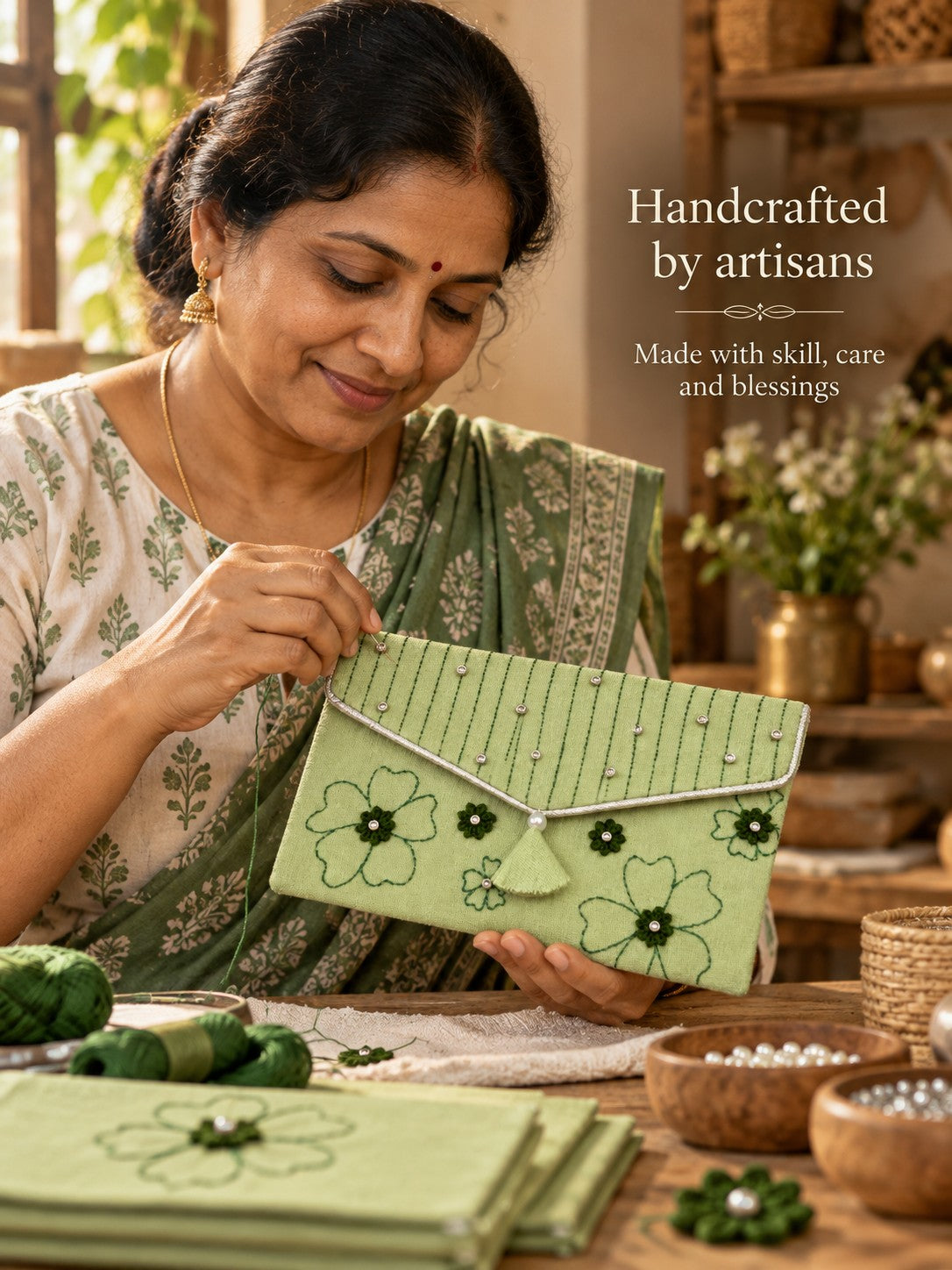 Artisan hand embroidering the Dhaani Khadi shagun envelope