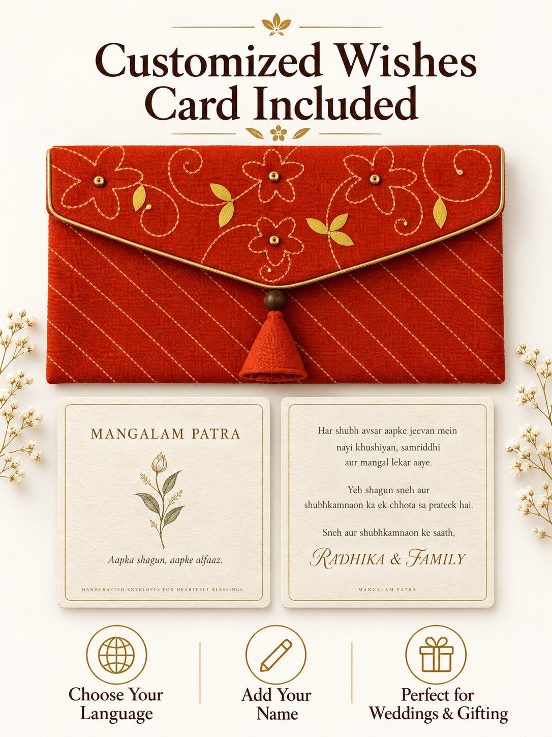 Customised wishes card included with Khadi shagun envelope