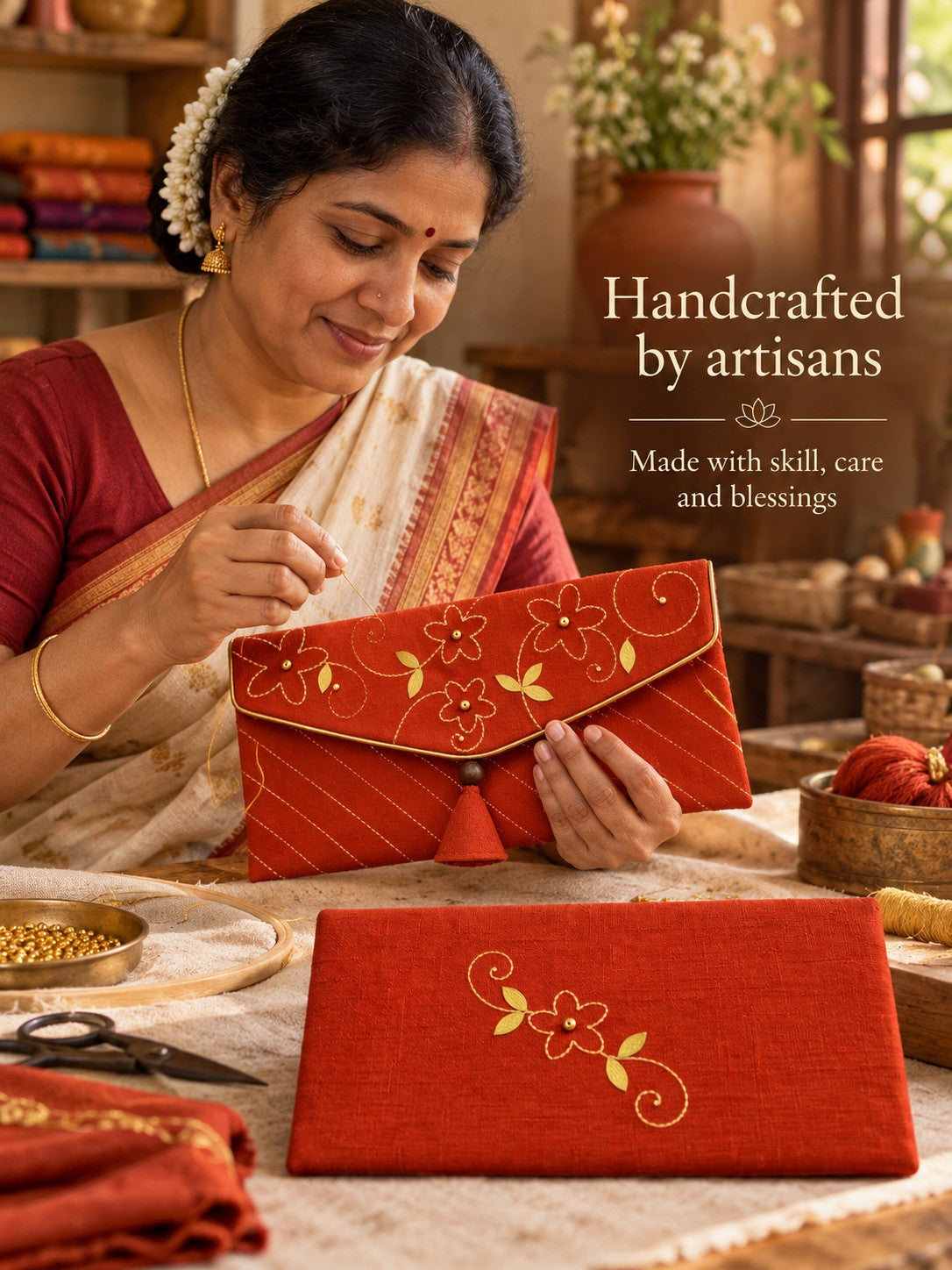 Artisan hand embroidering the Gerua Khadi shagun envelope