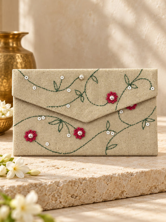 Mangalam Patra Gulbel hand embroidered Khadi shagun envelope